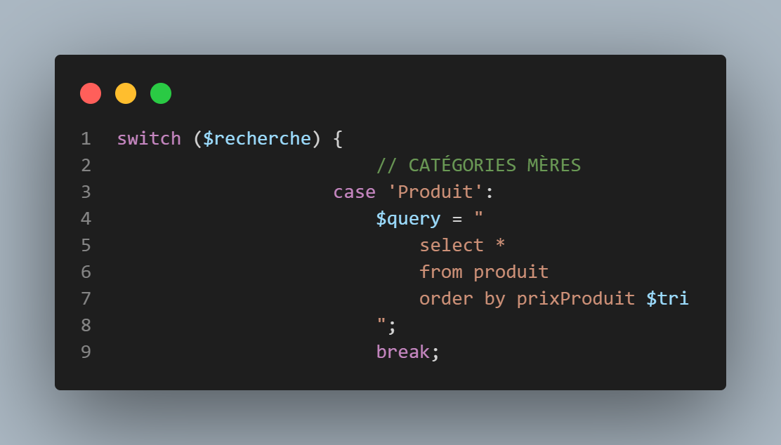 code du switch case