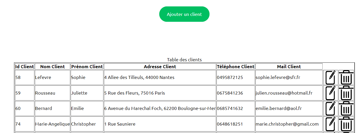 Page gestion des clients