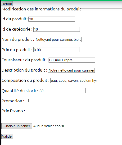 Page modification d’un produit